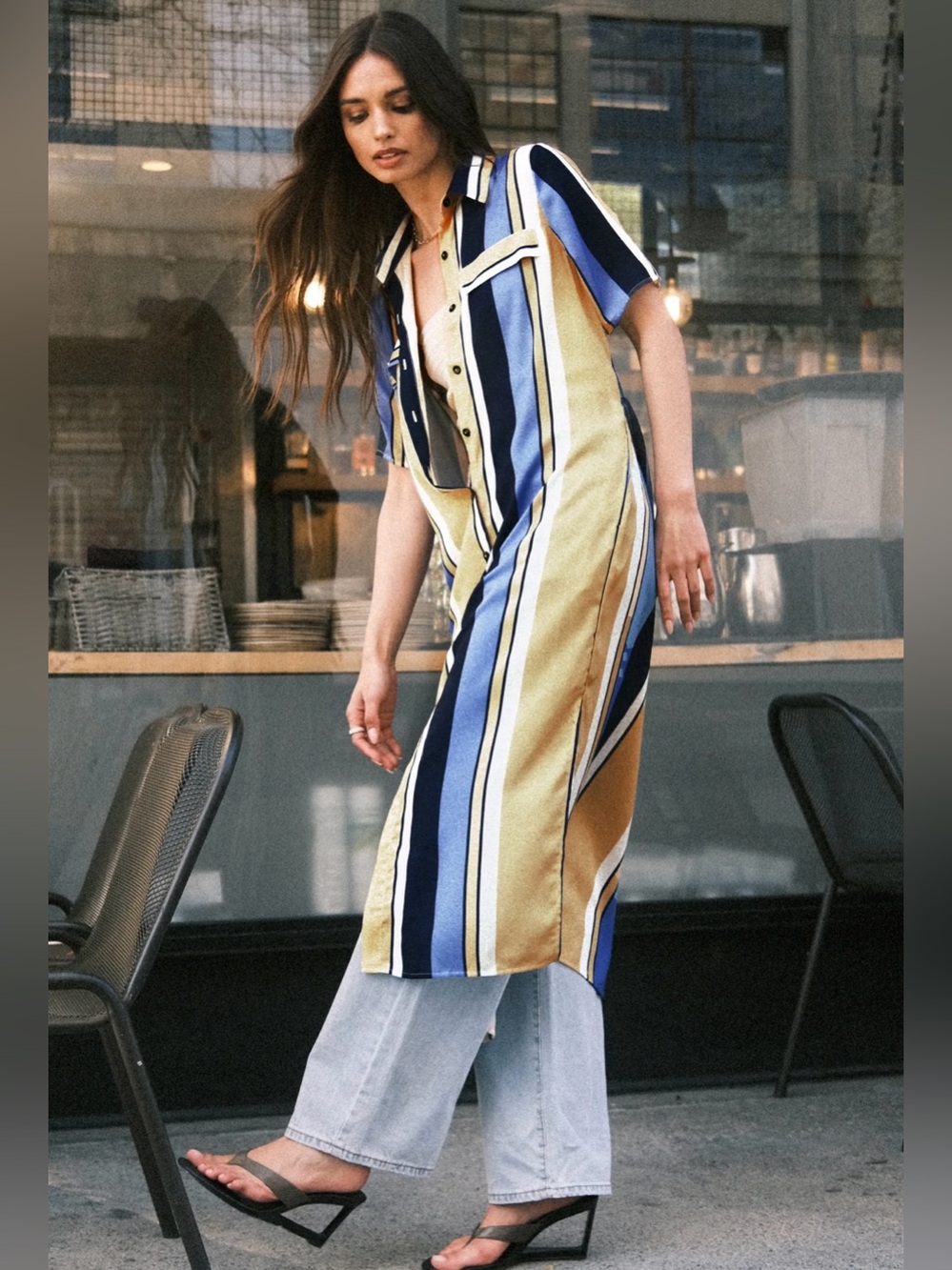 Cupshe • Women’s Blue & Yellow Stripe Collared Front Button Midi T-Shirt Dress - Picture 3 of 6